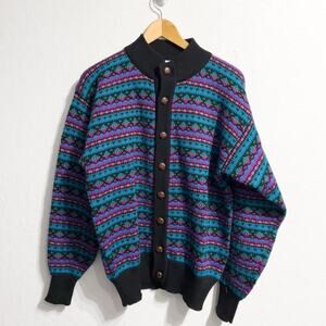 Vintage Meister Sweater Cardigan Womens L Purple BLue Aztec Print Wool Ski NWOT